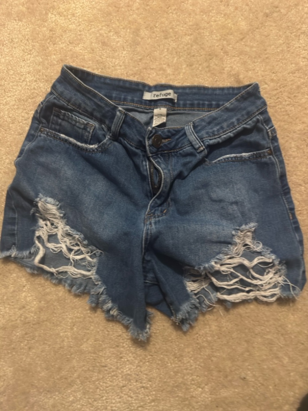 refuge Ripped High-Low Hem Denim Shorts in Dark Blue